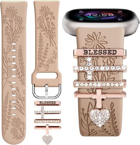 Wildflower Engraved Bands Compatible with Fitbit Sense 2, Versa 4/3, Sense Band with Charms, Soft Silicone Replacement Wristbands Strap with Cute Decorative Rings Accessories for Women in Kuwait