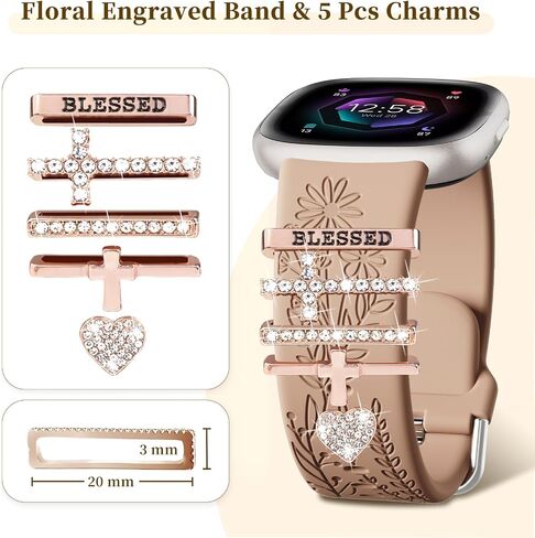 Wildflower Engraved Bands Compatible with Fitbit Sense 2, Versa 4/3, Sense Band with Charms, Soft Silicone Replacement Wristbands Strap with Cute Decorative Rings Accessories for Women in Kuwait