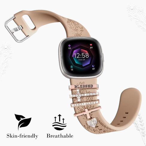 Wildflower Engraved Bands Compatible with Fitbit Sense 2, Versa 4/3, Sense Band with Charms, Soft Silicone Replacement Wristbands Strap with Cute Decorative Rings Accessories for Women in Kuwait