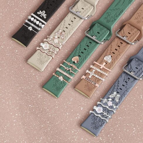 Wildflower Engraved Bands Compatible with Fitbit Sense 2, Versa 4/3, Sense Band with Charms, Soft Silicone Replacement Wristbands Strap with Cute Decorative Rings Accessories for Women in Kuwait
