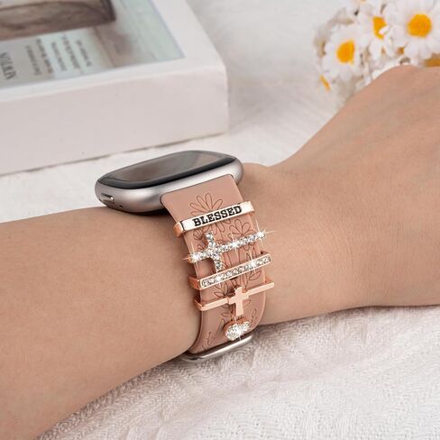 Wildflower Engraved Bands Compatible with Fitbit Sense 2, Versa 4/3, Sense Band with Charms, Soft Silicone Replacement Wristbands Strap with Cute Decorative Rings Accessories for Women in Kuwait