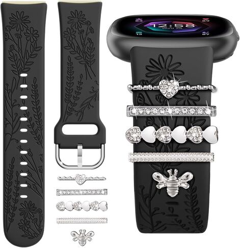 أشرطة محفورة بزهور برية متوافقة مع Fitbit Sense 2 ، بالعكس 4/3 ، فرقة Sense مع سحر ، حزام معصم بديل للسيليكون مع إكسسوارات زخرفية لطيفة للنساء in Kuwait