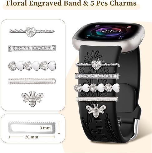 أشرطة محفورة بزهور برية متوافقة مع Fitbit Sense 2 ، بالعكس 4/3 ، فرقة Sense مع سحر ، حزام معصم بديل للسيليكون مع إكسسوارات زخرفية لطيفة للنساء in Kuwait