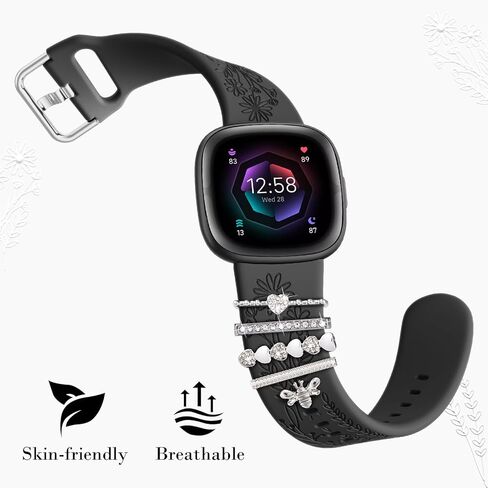 أشرطة محفورة بزهور برية متوافقة مع Fitbit Sense 2 ، بالعكس 4/3 ، فرقة Sense مع سحر ، حزام معصم بديل للسيليكون مع إكسسوارات زخرفية لطيفة للنساء in Kuwait