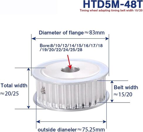 48 Teeth HTD5M Pulley Bore 8/10/12/14/15/16/17/18/19/20/22/24/25/28mm for Width 15/20mm 5mm Pitc HTD5M 48T AF(12mm,1PC_for Belt Width 15MM) in Saudi Arabia