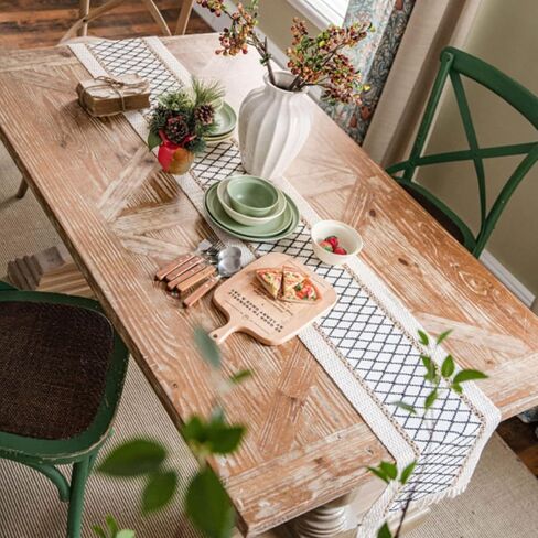 عداء الجدول ، بوهو طاولة الجدول عداء ديكورات الجدول القطن ، عداءات المزرعة مع شرابات لحفل الزفاف البوهيمي دش ريفي ريفي المنزل الطعام (الأسود/الشبكة/12x72) in Saudi Arabia