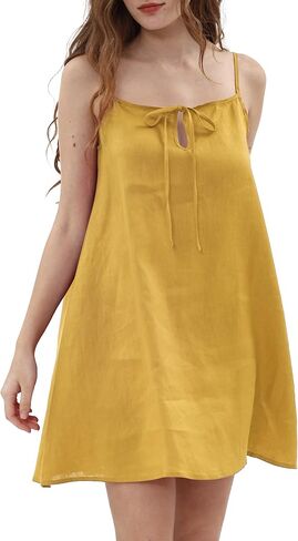 Xintianji Womens 100% Linen Dress Sleeveless Mini Adjustable Straps Beach Sundress in Saudi Arabia