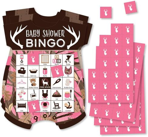 Big Dot of Happiness Pink Gone Hunting - Picture Bingo Cards and Markers - Deer Hunting Girl Camo Baby Shower Shaped Bingo Game - Set of 18 in Saudi Arabia