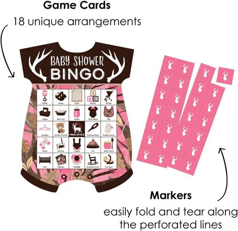 Big Dot of Happiness Pink Gone Hunting - Picture Bingo Cards and Markers - Deer Hunting Girl Camo Baby Shower Shaped Bingo Game - Set of 18 in Saudi Arabia