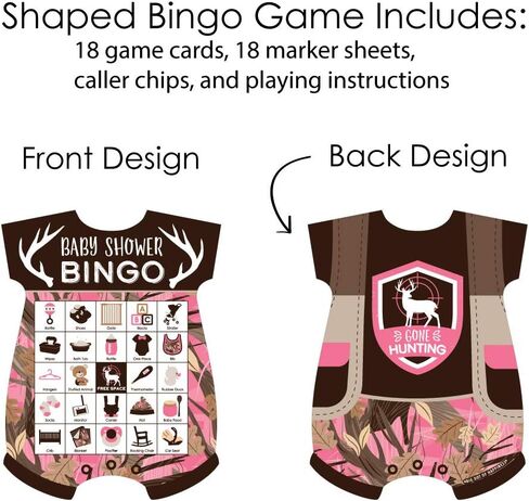 Big Dot of Happiness Pink Gone Hunting - Picture Bingo Cards and Markers - Deer Hunting Girl Camo Baby Shower Shaped Bingo Game - Set of 18 in Saudi Arabia