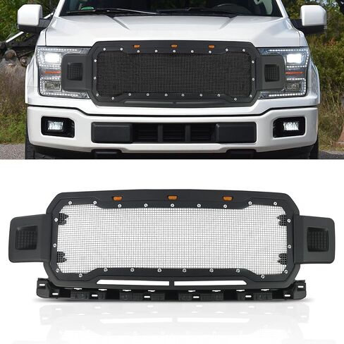 Front Upper Grill Grille Fit For Ford F150 2009 2010 2011 2012 2013 2014,Front Bumper Grill with Amber Lights,Matte Black with Steel Mesh,Chrome Rivet Style in Kuwait