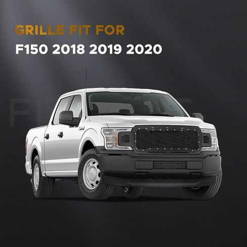 Front Upper Grill Grille Fit For Ford F150 2009 2010 2011 2012 2013 2014,Front Bumper Grill with Amber Lights,Matte Black with Steel Mesh,Chrome Rivet Style in Kuwait