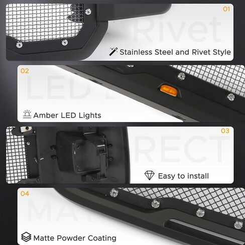 Front Upper Grill Grille Fit For Ford F150 2009 2010 2011 2012 2013 2014,Front Bumper Grill with Amber Lights,Matte Black with Steel Mesh,Chrome Rivet Style in Kuwait