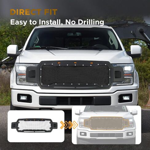 Front Upper Grill Grille Fit For Ford F150 2009 2010 2011 2012 2013 2014,Front Bumper Grill with Amber Lights,Matte Black with Steel Mesh,Chrome Rivet Style in Kuwait