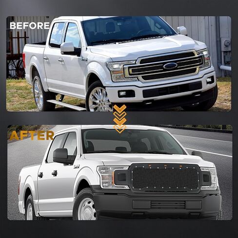 Front Upper Grill Grille Fit For Ford F150 2009 2010 2011 2012 2013 2014,Front Bumper Grill with Amber Lights,Matte Black with Steel Mesh,Chrome Rivet Style in Kuwait