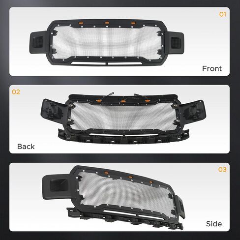 Front Upper Grill Grille Fit For Ford F150 2009 2010 2011 2012 2013 2014,Front Bumper Grill with Amber Lights,Matte Black with Steel Mesh,Chrome Rivet Style in Kuwait