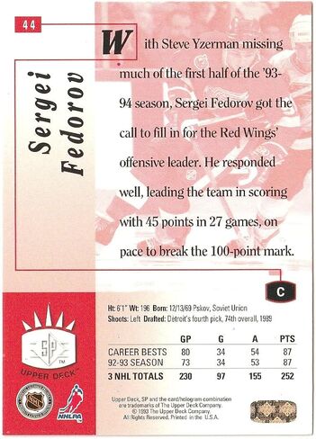 1993-94 Upper Deck SP Hockey Sergei Fedorov Red Wings Card #44 in Saudi Arabia