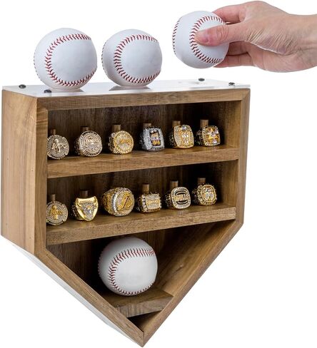 MyGift 12 Peg Wall Mounted Rustic Burnt Solid Wood Baseball Diamond Championship Ring and Game Ball Display Case with Premium Clear Acrylic Stands for Baseballs in Saudi Arabia