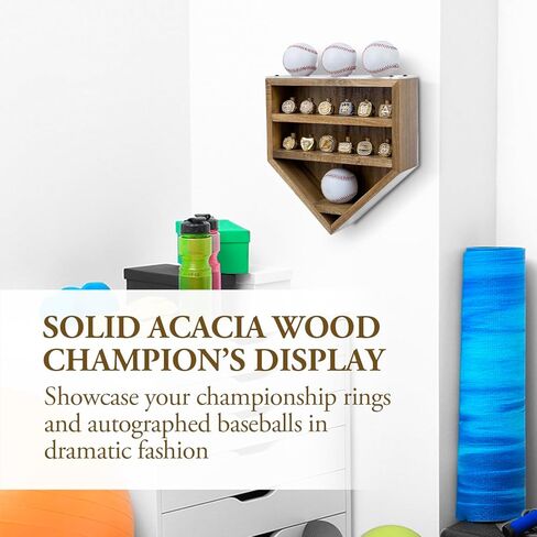 MyGift 12 Peg Wall Mounted Rustic Burnt Solid Wood Baseball Diamond Championship Ring and Game Ball Display Case with Premium Clear Acrylic Stands for Baseballs in Saudi Arabia
