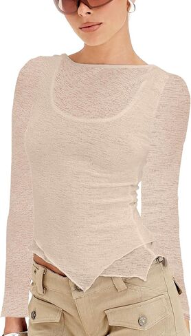 LIYOHON Women's Sexy Sheer Mesh Long Sleeve Tops Tight Fitted Casual Basic T Shirts 2025 Fall Going Out Workout Outfits in Saudi Arabia