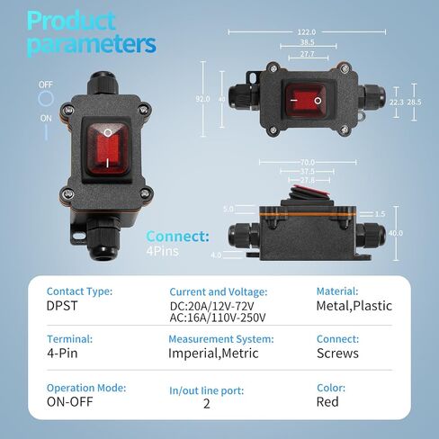 IP67 Waterproof Inline Cord Switch with Red Indicator Light, 12V DC Latching Rocker Switch, Heavy Duty ON-Off DPST Switch for Automotive, Marine, Outdoor Equipment（Two Side in Saudi Arabia
