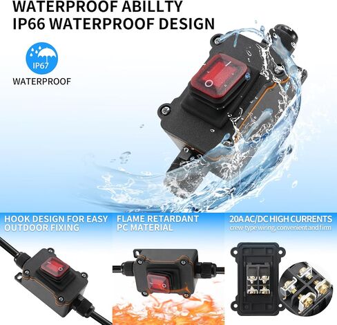 IP67 Waterproof Inline Cord Switch with Red Indicator Light, 12V DC Latching Rocker Switch, Heavy Duty ON-Off DPST Switch for Automotive, Marine, Outdoor Equipment（Two Side in Saudi Arabia