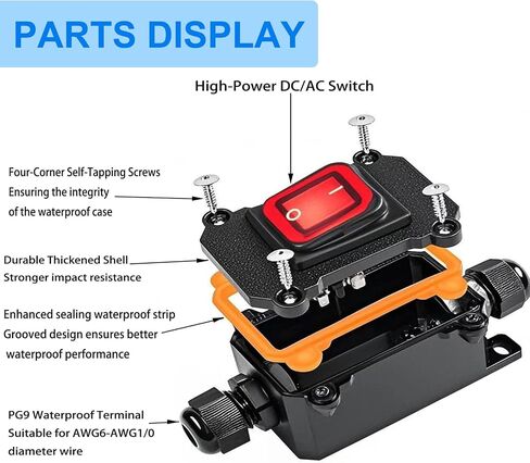 IP67 Waterproof Inline Cord Switch with Red Indicator Light, 12V DC Latching Rocker Switch, Heavy Duty ON-Off DPST Switch for Automotive, Marine, Outdoor Equipment（Two Side in Saudi Arabia