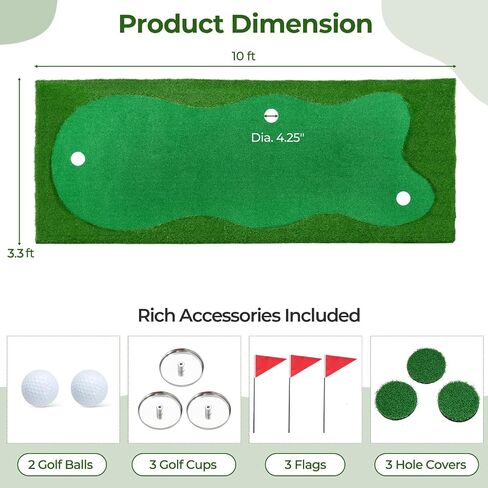 ULTIMATE 10FT Golf Putting Green, Realistic Feel Turf, w/ 3 Holes, 3 Flags & Cups, Golf Training Mat for Putting Practice Indoor Outdoor in Kuwait
