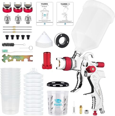 YUZES HVLP Spray Gun Plus Kit with 20 Oz Disposable Paint Cups, Easy to Use, 1.4/1.7/2.0mm Nozzles Air Spray Gun for Painting Cars & Furniture DIY Painting, Paint Spray Gun for Primer, Clear/Top Coat in Kuwait