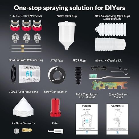 YUZES HVLP Spray Gun Plus Kit with 20 Oz Disposable Paint Cups, Easy to Use, 1.4/1.7/2.0mm Nozzles Air Spray Gun for Painting Cars & Furniture DIY Painting, Paint Spray Gun for Primer, Clear/Top Coat in Kuwait