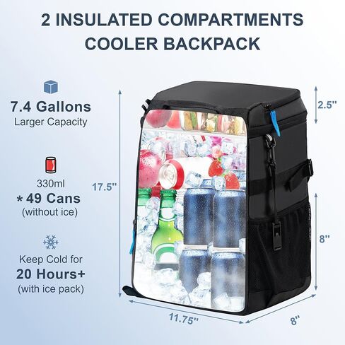 SPARTER Backpack Cooler Insulated 33/49 Can Leakproof Waterproof Bag Beach | 20H Double Compartments Multi Pockets Bottle Opener Water Resistant Lightweight Padded Strap Picnic Hiking Camping Men Women in Kuwait