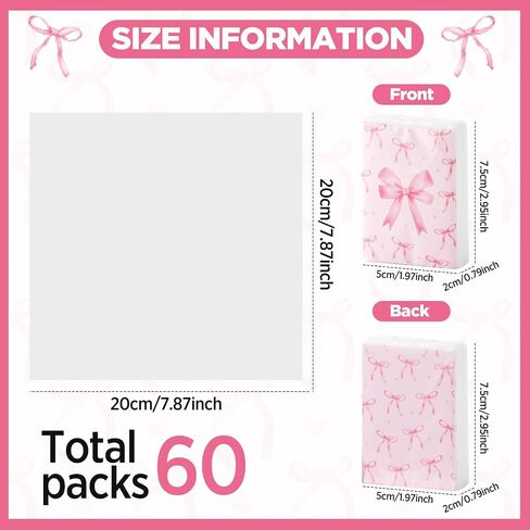 60 Pack Pink Bow Travel Tissue Bulk Mini Pocket Tissues Travel Size Facial Tissues for Wedding Bridal Engagement Pink Individually Wrapped Tissue for Baby Shower Coquette Party Supplies in Saudi Arabia