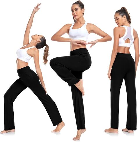 سراويل اليوغا النسائية تاونكات مع جيوب ، عالي الخصر سراويل الساق المستقيمة ، نساء سراويل صالة رياضية ناعمة in Kuwait