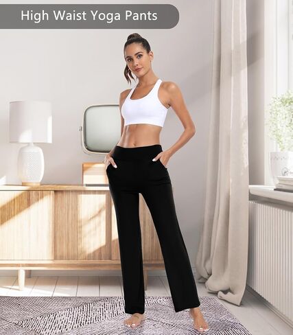 سراويل اليوغا النسائية تاونكات مع جيوب ، عالي الخصر سراويل الساق المستقيمة ، نساء سراويل صالة رياضية ناعمة in Kuwait