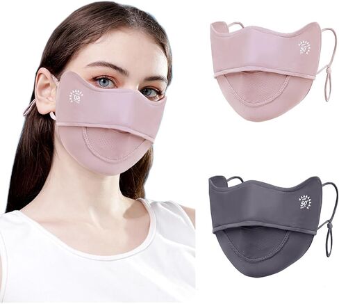 2Pcs UV Face Mask, Sun Masks for Women, Cooling Breathable Face Cover for Outdoors, Washable Reusable (Pink+Black) in Kuwait