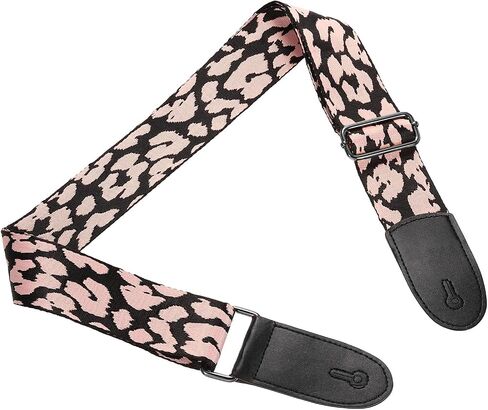 uxcell Guitar Strap, Cotton Webbing Leather Ends Straps Vintage Embroidered 2" Wide Adjustable Straps with Silver Buckle for Acoustic, Electric, Bass Guitars, Pink Leopard in Saudi Arabia