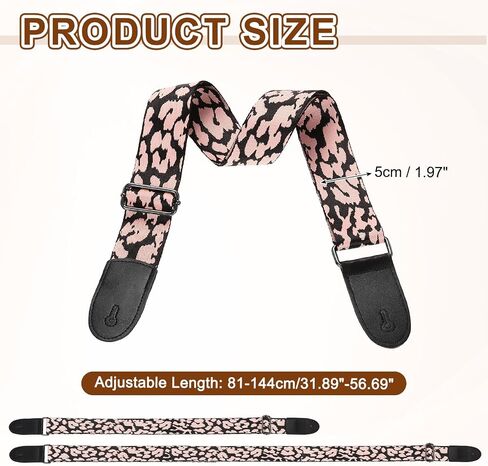 uxcell Guitar Strap, Cotton Webbing Leather Ends Straps Vintage Embroidered 2" Wide Adjustable Straps with Silver Buckle for Acoustic, Electric, Bass Guitars, Pink Leopard in Saudi Arabia