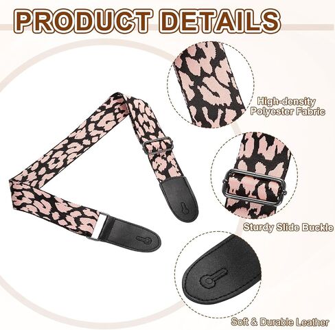 uxcell Guitar Strap, Cotton Webbing Leather Ends Straps Vintage Embroidered 2" Wide Adjustable Straps with Silver Buckle for Acoustic, Electric, Bass Guitars, Pink Leopard in Saudi Arabia