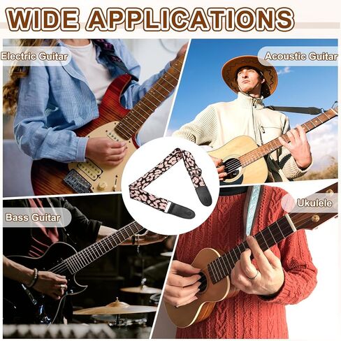 uxcell Guitar Strap, Cotton Webbing Leather Ends Straps Vintage Embroidered 2" Wide Adjustable Straps with Silver Buckle for Acoustic, Electric, Bass Guitars, Pink Leopard in Saudi Arabia