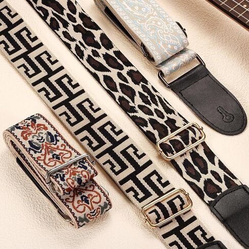 uxcell Guitar Strap, Cotton Webbing Leather Ends Straps Vintage Embroidered 2" Wide Adjustable Straps with Black Buckle for Acoustic, Electric, Bass Guitars, Red Jacquard in Saudi Arabia