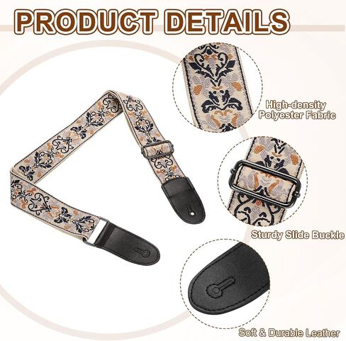 uxcell Guitar Strap, Cotton Webbing Leather Ends Straps Vintage Embroidered 2" Wide Adjustable Straps with Black Buckle for Acoustic, Electric, Bass Guitars, Red Jacquard in Saudi Arabia