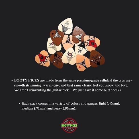 Premium Celluloid BOOTY themed Guitar Picks, BOOTY PICKS Variety Pack with Novelty Designs, Light (.46mm), Medium (.71mm), Heavy (.96mm), (6 count) in Saudi Arabia