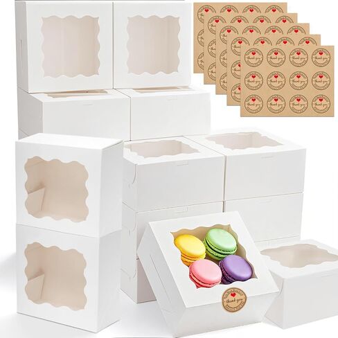 50pcs Cookie Boxes with Window, 6x6x3 Inches White Bakery Boxes, 60 Pcs Stickers,for Small Cookies, Treats, Candy, Desserts, Chocolate Covered Strawberries,Mini Cake Boxes in Saudi Arabia