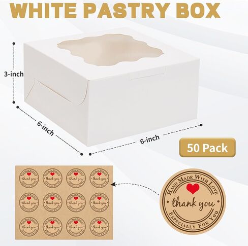 50pcs Cookie Boxes with Window, 6x6x3 Inches White Bakery Boxes, 60 Pcs Stickers,for Small Cookies, Treats, Candy, Desserts, Chocolate Covered Strawberries,Mini Cake Boxes in Saudi Arabia
