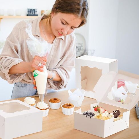 50pcs Cookie Boxes with Window, 6x6x3 Inches White Bakery Boxes, 60 Pcs Stickers,for Small Cookies, Treats, Candy, Desserts, Chocolate Covered Strawberries,Mini Cake Boxes in Saudi Arabia