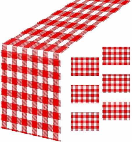 6 Pcs Red Gingham Table Runner Plastic 14 x 108 Inch Disposable Red and White Runner for Birthday Baby Shower Racing Party Decorations Checkered Table Runner in Kuwait