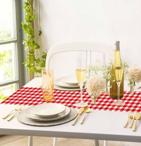 6 Pcs Red Gingham Table Runner Plastic 14 x 108 Inch Disposable Red and White Runner for Birthday Baby Shower Racing Party Decorations Checkered Table Runner in Kuwait