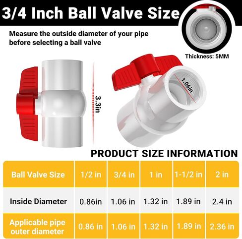 16pcs 3/4 "صمام كرة PVC ملولب ، إغلاق مقبس الصمامات مع مقبس t الأحمر ، صمام أنبوب مياه SCH40 لمشروع المياه ، حمام سباحة ، مضخة مياه الصرف الصحي ، نظام السباكة والري في الهواء الطلق in Kuwait