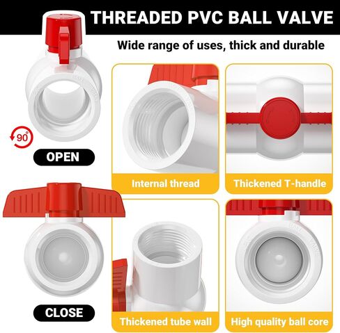16pcs 3/4 "صمام كرة PVC ملولب ، إغلاق مقبس الصمامات مع مقبس t الأحمر ، صمام أنبوب مياه SCH40 لمشروع المياه ، حمام سباحة ، مضخة مياه الصرف الصحي ، نظام السباكة والري في الهواء الطلق in Kuwait