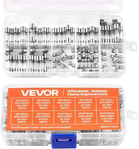 VEVOR Fast-Blow Glass Fuses Assortment Kit, 120 Pcs 125 Volt, 5 x 20 mm 1A 2A 3A 4A 5A 8A 10A, 3.6 x 10 mm 2.5A 3A 5A Tube Fuses, Suitable for Electrical Boxes, LED Strips, Electronics, Appliances in Saudi Arabia